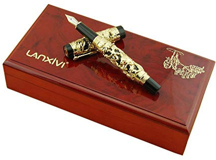 Jinhao Dragon Phoenix 3d Fountain Pen Fine Nib,Embossment Gold Color Chinese Ruyi Clip Wooden Gift Box Heavy Big Pen