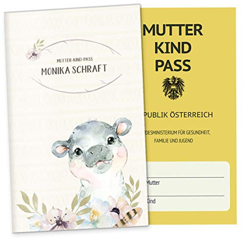 OLGS Mutter-Kind-Passhülle Österreich personalisiert Wildnis | Schwangerschaft, Baby, Schwanger | Schutzhülle für Mukipasshülle (Hülle für den österreichischen MuKi-Pass personalisiert, Nilpferd)