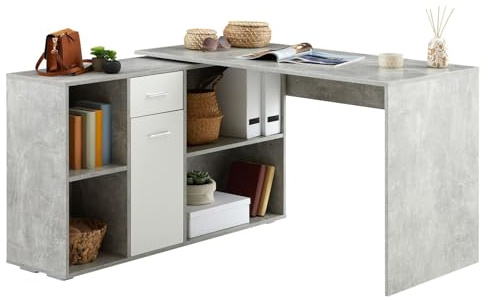 IDIMEX Bureau d'angle Carmen avec Meuble de Rangement intégré 4 étagères 1 Porte et 1 tiroir, décor béton et Blanc Mat