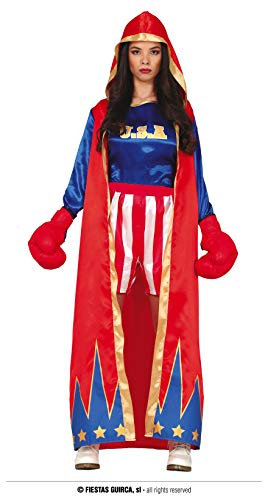 Fiestas GUiRCA Power Frau Boxer Kostüm Damen - Größe M 38 – 40 - Erwachsene Kostüm inkl. Boxer Mantel mit Kapuze, USA Oberteil u. Hose - Boxerin Sportler Kostüm für Karneval, Fasching, Fastnacht