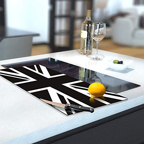 Glass Hob Cover/Chopping Board in Our Black N White Union Jack Design in 30cm Wide x 52cm High