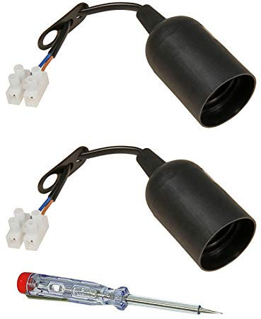 2x Renovierfassung | E27 | Baufassung Lampenfassung Baustellenfassung | 11 cm Anschlussleitung | inkl. Aufhänger | mit 2-poliger Lüsterklemme verdrahtet | inkl. Spannungsprüfer | 2 Stück