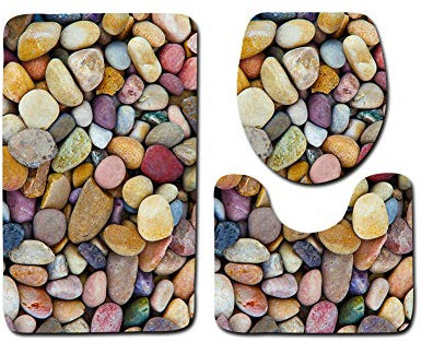 Badgarnitur Badematten Set Badezimmer Vorleger 3 Teiliges,Rutschfeste Badvorleger Badteppich WC Vorleger Duschvorleger,WC Sitz Deckel Fußmatte Matte Teppich Marmor/Kopfsteinpflaster Muster V 50x80CM