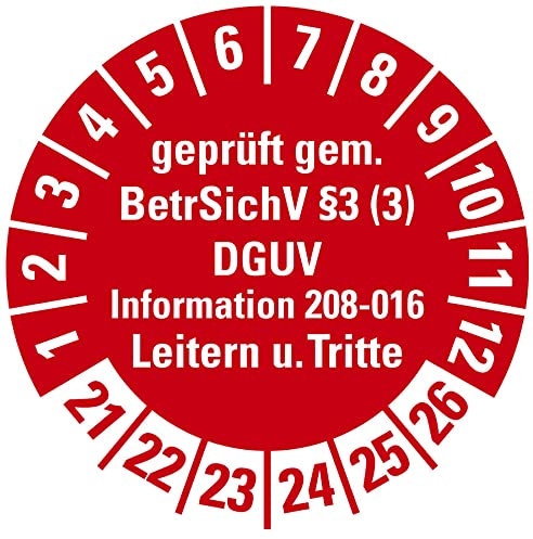 100 Stück - Prüfplakette Mehrjahresprüfplakette geprüft gemäß Leitern/Tritte, BetrSichV §3 | 21-26 Etikett Folie Aufkleber, rot | Ø15-40mm Made in Germany, Größe: Ø40 mm