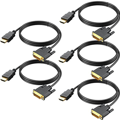 HDMI to DVI Cable 5-Pack, 6 Ft Bidirectional DVI-D to HDMI Male to Male High Speed Adapter Cable Support 1080P Full HD (5, Black)