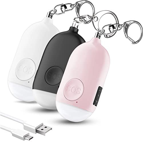 Hion Safe Personal Alarm for Women,3 Pack Rechargeable 130dB Police Approved Rape Rope Alarm with LED Flashlight Self Defense Keychain,Panic Attack Safety Alarm for Girl Kid Elderly(White+Pink+Black)