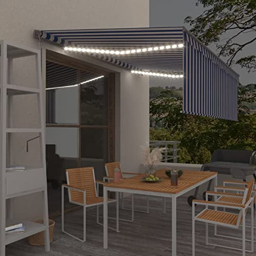 Tidyard Automatische Markise Volant LED & Windsensor Gelenkarmmarkise Sonnenmarkise Terrassenmarkise Balkonmarkise Markise mit Beleuchtung 4,5x3 m Blau Weiß