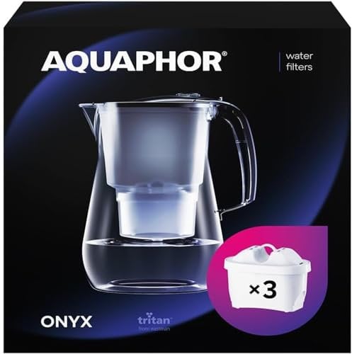 AQUAPHOR Onyx Wasserfilterkanne 4,2 l, zur Reduzierung von Kalk, Chlor und anderen Verunreinigungen, inklusive 3 x Maxfor+ Filterpatronen - Premium Wasserfilterkanne in Glasoptik. - Schwarz