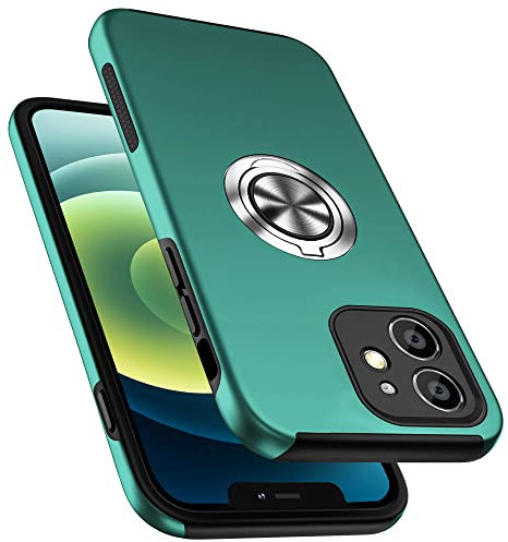 PELEPUES Shockproof Mobile Phone Cases for iPhone 12 6.1 inch, [Built-in Camera Cover] Military Grade Phone Case Cover with Embedded Metal Ring Stand Kickstand [Support Magnetic Car Holder], Green