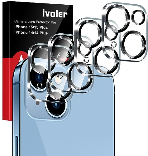 ivoler 4 Piezas Protector de Pantalla de Lente de Cámara para iPhone 14/15 6.1 Pulgadas, iPhone 14/15 Plus 6.7 Pulgadas, [Cobertura Completa] Anti-Rasguños Cristal Vidrio Templado de Lente de Cámara
