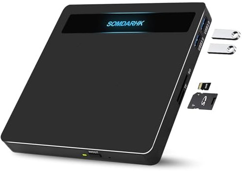 SOMDARHK Externes CD Laufwerk für Laptop: USB 3.0 Type-C DVD Brenner Extern mit SD/TF Slot/2 USB Ports - Tragbarer Plug & Play Externer DVD Player für Büro & Reise (Schwarz)