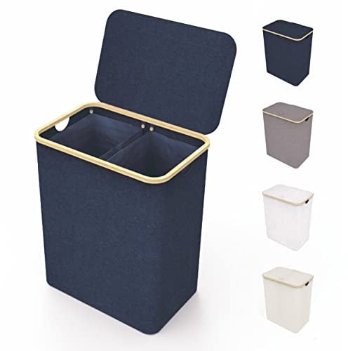 LONBET Wäschekorb mit Deckel & 2 Fächer 150L Groß - Wäschesammler Atmungsaktiv mit Stabilem Bambus-Rahmen - inklusive Herausnehmbarem Wäschesack Waschbar - Laundry Baskets Wasserdicht | Blau