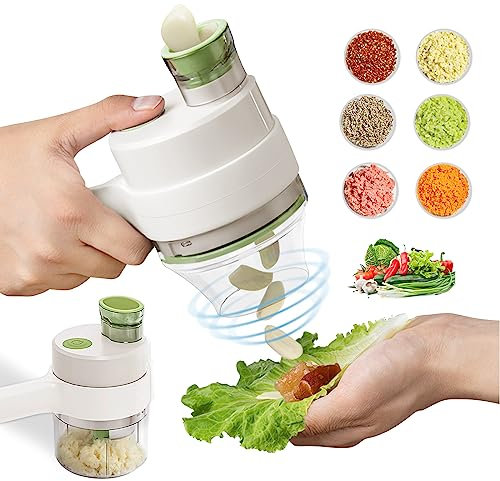 4 in1 Handheld Electric Vegetable Cutter Slicer Garlic Mud Masher USB Wireless Chopper Cutting Pressing Mixer Food Slice for Garlic Pepper Chili Onion Celery Ginger Meat