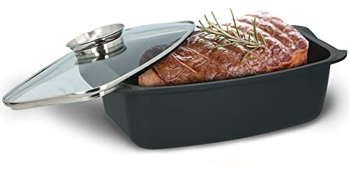 BAKAJI Casseruola in Alluminio Pressofuso e Coperchio in Vetro con Sistema Aromatizzante, Rostiera Resistente al Forno Fino a 240°, Padella Lavabile Lavastoviglie, Pentola Dimensioni 39 x 22,5 x 10 cm