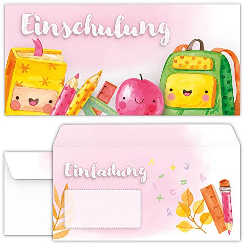 beriluDesign Einschulung Einladungskarten mit Umschlägen (12er Set) zum Schulanfang | Einladungen für Kinder zum Schulbeginn