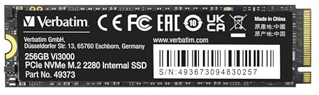 Verbatim Vi3000 NVMe M.2 SSD 256 GB, internes SSD-Laufwerk mit PCIe Gen 3 Schnittstelle, bis zu 3.100 MB/s Lesegeschwindigkeit, kompakt und leistungsstark für PC und Laptop, schwarz