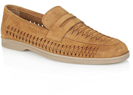 Silver Street London Mens Perth Suede Tan Leather Step-in Loafer with Woven Panels - 10