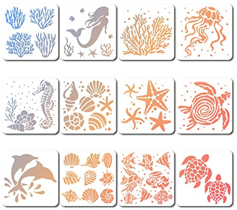 GORGECRAFT 12 Stile 18x18cm Meeresbewohner-Schablonen Quadratische Malvorlage Korallenschale Muschel Meeresschildkröte Seestern Tropischer Fisch Wiederverwendbar Sommer-Ozean-Thema Zeichenschablone