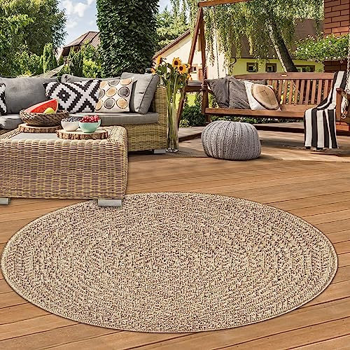 Teppich-Traum Tapis d'extérieur extérieur Rond résistant aux intempéries Aspect sisal Jardin terrasse Balcon diamètre 80 cm