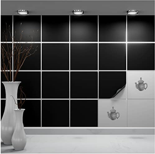 FoLIESEN - Tile Stickers, 14.5 x 14.5 cm, Self-Adhesive Tile Film for Bathroom and Kitchen, Removable Adhesive Film for Wall Tiles, Kitchen Splashback and Borders, 20 Adhesive Tiles, Matt Black
