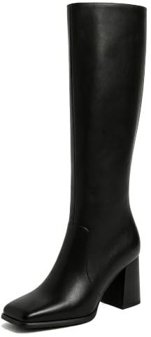 Modatope Black Knee High Chunky Heel Boots Square Toe Tall Boots for Women Block Heel Side zipper Fall Boots Women Size 8