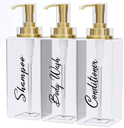 Akalin Shampoo and Conditioner Dispenser 16oz, Set of 3 Refillable Shampoo and Conditioner Bottles with Pump, 3 Clear Body Wash Dispenser for Shower, Gold Soap Dispenser Bathroom (Clear)