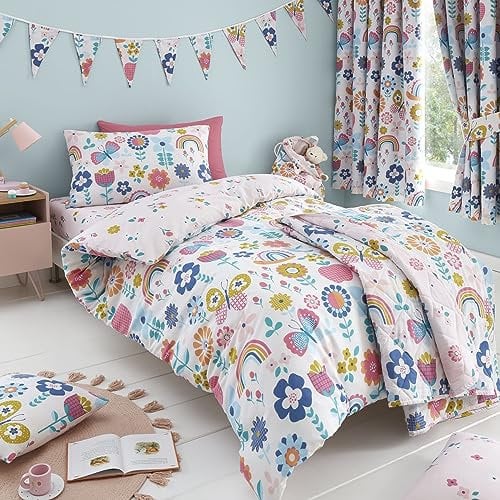 Happy Linen Company Girls Boys Kids Flower Garden Butterflies Multicolour Toddler Cot Bed Reversible Soft Easy Care Bed Linen Duvet Cover Quilt Bedding Set With Pillow Case