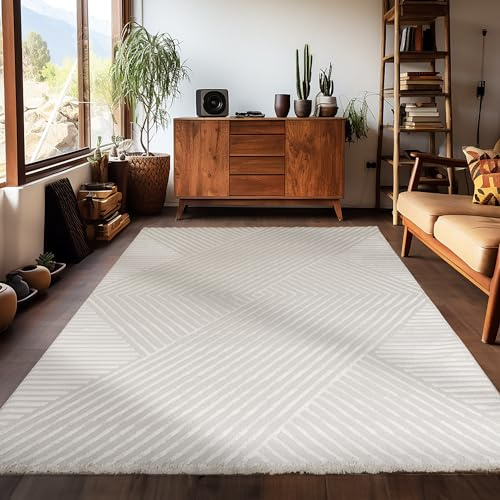 Carpetsale24 Kurzflor Teppich Wohnzimmer 140x200 cm Creme Modern Skandinavisch Boho Design Einfarbig 3D Effekt Weich Waschbar Pflegeleicht für Schlafzimmer Esszimmer