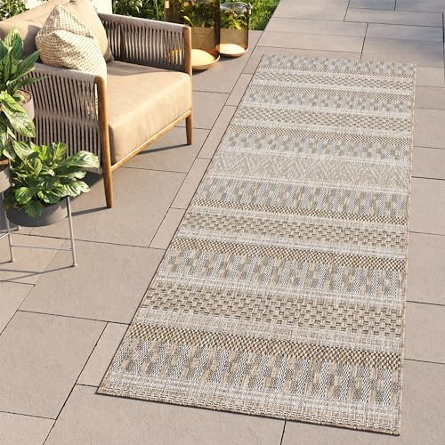 TAPISO Melissa Teppich Läufer Flur Outdoor Indoor Braun Schwarz Modern Muster UV-beständig Wetterfest Balkon Terrasse Wohnzimmer ÖKO-TEX 70 x 100 cm