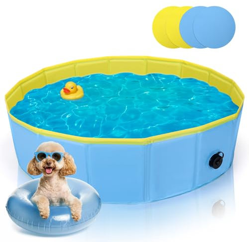 Nobleza Dog Paddling Pool, Pet Pool for Dogs Puppy Swimming Pool, Foldable Portable Dog Pool, Outdoor PVC Thickened Doggy Paddling Pool Non-Slip Pet Bathtub for Summer Garden Patio Yellow/Blue 80x20cm