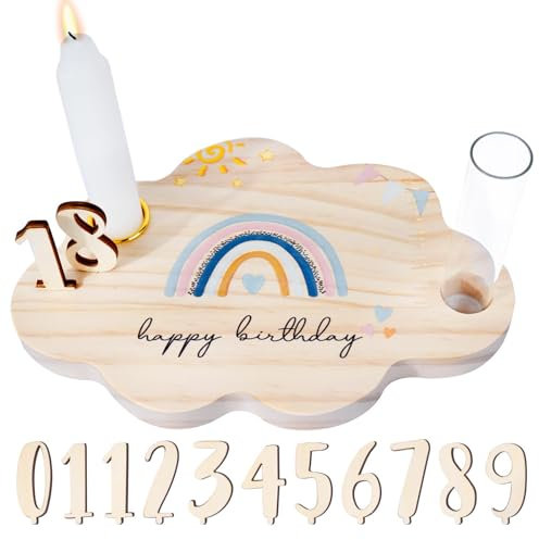 Bougeoir en Bois Anniversaire Support pour Bougie Porte Bougie Cadeau d’Anniversaire Chauffe Plat Bleu Arc en Ciel en Forme de Nuage avec Numéro 0-9 Décoration de Table Cadeau Anniversaire