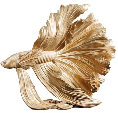 Riess Ambiente Design Deko Figur Kampffisch CROWNTAIL 35cm Gold Betta Fisch Skulptur Dekofigur dekoratives Element Dekoobjekt