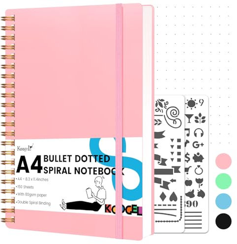 Koogel Dotted Journal Notizbuch, 8,3 x 11,4 Zoll, 150 Blatt gepunktetes Spiralnotizbuch, rosa Hardcover mit Schablone