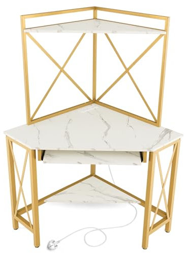 COSTWAY Corner Computer Desk, Triangle Study Desk Writing Workstation with Hutch, Open Shelves and Keyboard Tray, Space-Saving Wooden Gaming PC Laptop Table for Home Office Bedroom (White + Golden)