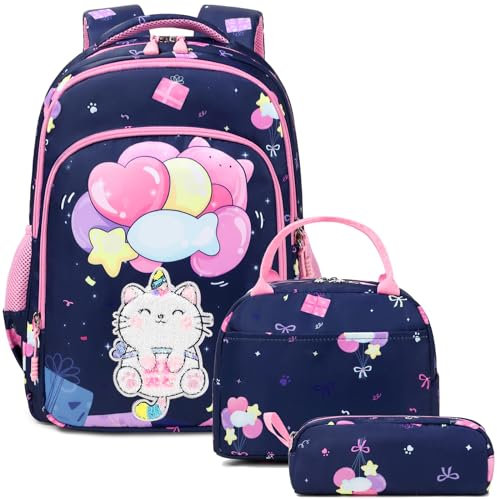 Süß Kätzchen Einhorn Rucksack für Kinder Mädchen Schüler Kinderucksack Schultaschen 3 TLG. Sets für Schule 1-3 Klasse, Kinder Reise Rucksack