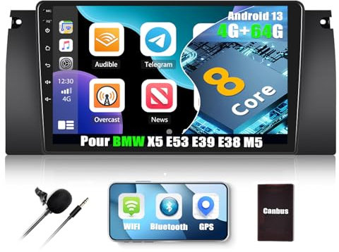 4G+64G CAMECHO Android 13 Radio Coche para BMW 5 E39 E53 M5 X5 (1996-2007) con Carplay Android Auto GPS, 8Core丨Double DIN Radio con Pantalla de 9 Pulgadas,Bluetooth FM/RDS Mirror Link DSP