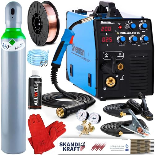 ALLWELD Sherman DAULMIG-210 S4 - Kombi MIG MAG Schutzgasschweißgerät und Fülldraht Schweißgerät ohne Gas mit Lötschweißen, WIG und MMA - MIG Schweißgerät Set - Set:Professional