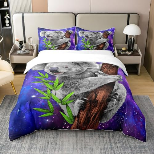 Loussiesd Kinder Koala Bettwäsche Set 155x220cm 100% Baumwolle Niedlicher Karikatur Zoo Tiermuster Bettbezug Set Für Jungen Mädchen Lila Blaue Galaxie Wildlife Betten Set Weiche Mit 1 Kissenbezug