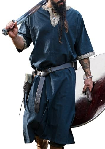 Leonardo Carbone® Kurzarm Tunika Richard - Mittelalter Kleidung Herren, Mittelalter Hemd, Freizeithemden Kurzarm, Karneval Kostüm Herren, Wikinger Tunika, LARP Kleidung - 100% Baumwolle Blau 3XL