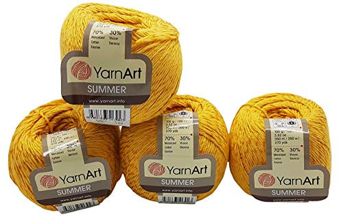 4 x 100 Gramm Summer Strickgarn, 4 x 100 Gramm 70% merzerisierter Baumwolle und 30% Viskose, einfarbig (goldgelb 23)