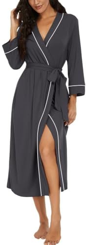 PrinStory Women Dressing Gowns Causal Kimono Robes Long Bathrobe Soft Womens 3/4 Sleeve Ladies Loungewear (Dark Gray, L)