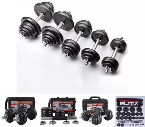 Adjustable Cast Iron Dumbbell Barbell Set - 15kg, 20kg, 30kg, 50kg Weight Set for Men & Women with Spinlock Bars & Plates (15, Kilograms)