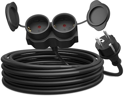 Poppstar Cable de extensión con 2 enchufes 5m, IP44 Cable alargador de Enchufe para el Exterior, 3500W, Cable de alimentación 2 enchufes Schuko, Negro
