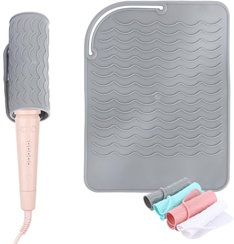 ASelected 4 Pcs Heat Mat for Hair Straighteners, 21 x 15.5 cm Heat Resistant Mat for Curling Iron, Silicone Heat Protecting Barber Mat for Hair Styling, Flat Iron (Grey, Pink, Light Green, White)