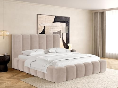 WFL GROUP Polsterbett 200x200 mit Bettkasten und Lattenrost – Creme Bett mit hohem Kopfteil, Boucle oder Samt Stoff - Modernes Doppelbett mit Stauraum – Bettgestell, ohne Matratze – Serenity - Creme