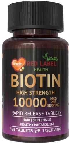 Red Label Health Biotin 10mg 365 Vegan Tablets Hair Supplement | Full Year Supply. High absorption D-Biotin to support healthy hair, skin & nails. Vegan tablets.