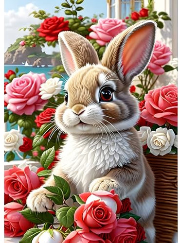 QQYRHN 5D Kaninchen Diamond Painting Kit für Erwachsene Anfänger Roseblumen Diamant Kunst Kits Vollständiges DIY Kaninchen Diamantstickerei-Set Perfekt zur Entspannung und Dekoration 30x40 cm