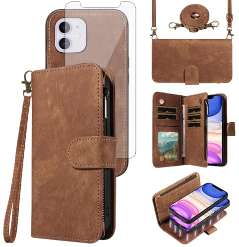 Phone Case for iPhone 11 6.1 Zipper Wallet Magnetic Detachable Cell Cover with Screen Protector Crossbody Lanyard Strap Flip Card Holder Slot iphone11case iPhone11 i Phone11 XI 11R Women Girls Brown