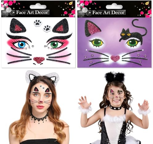 Adesivi Viso Gatto 2 Pezzi Tatuaggi Viso Gatto Rimovibili Face Art Sticker Animals con Glitter per Bambini Donna Carnevale e Halloween Cosplay