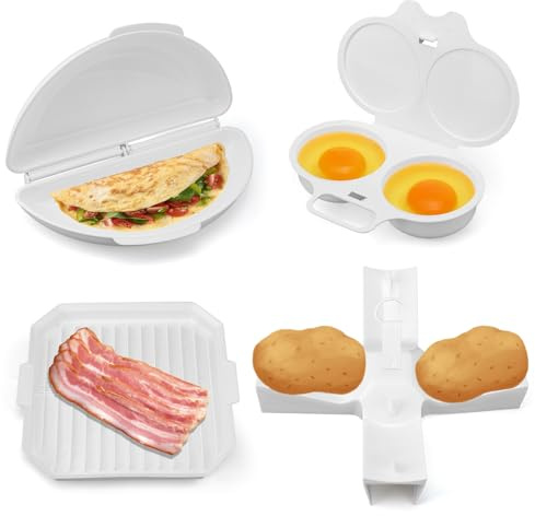 Fukaisu 4stk Mikrowellen-Frühstücksset mit Antihaftbeschichtetem Omelett-Maker, Eierkocher mit 2 Mulden Speck-Backblech Kartoffelrost und Einfachem Mikrowellengeschirr